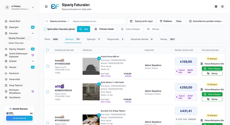 e-Finexa fatura yönetim paneli
