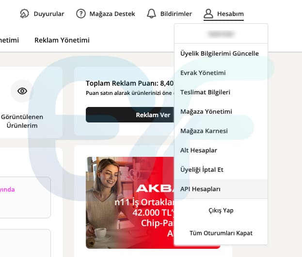 1. adım: API bilgileri ekranına erişim