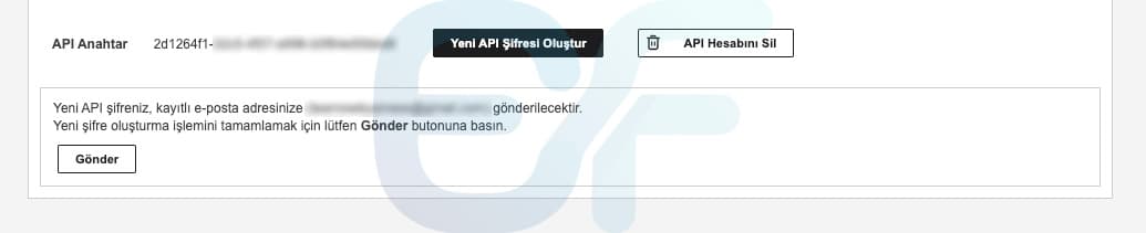 3. adım: API anahtarı ve şifre talebi
