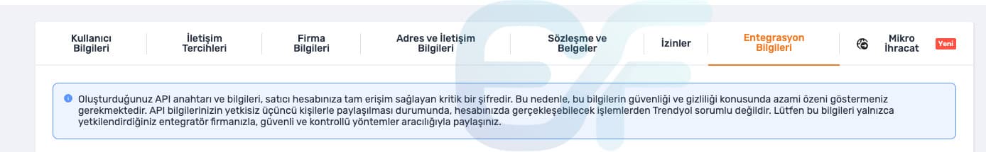 2. adım: Entegrasyon bilgileri ekranı